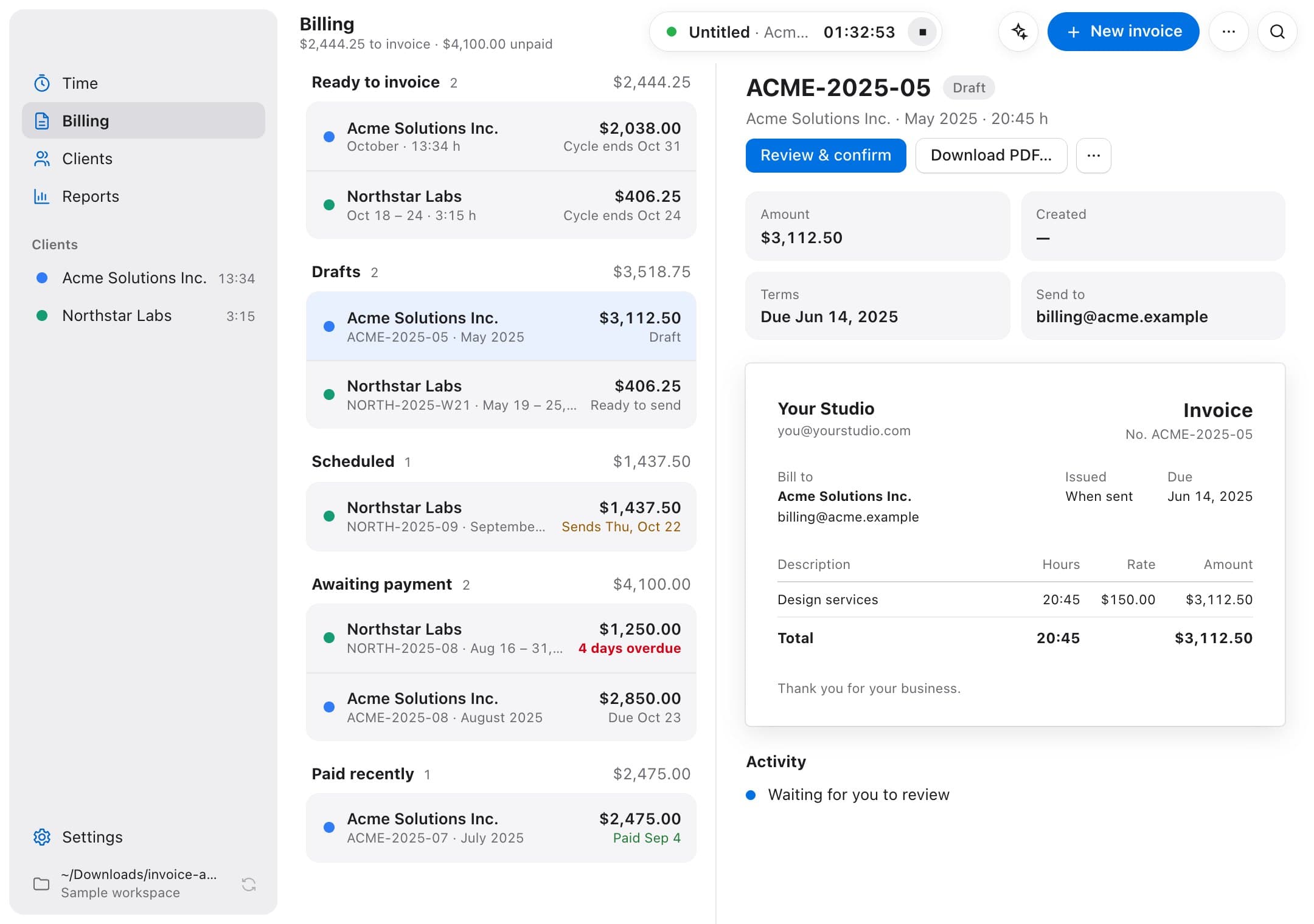 Invoicer application preview with demonstration data