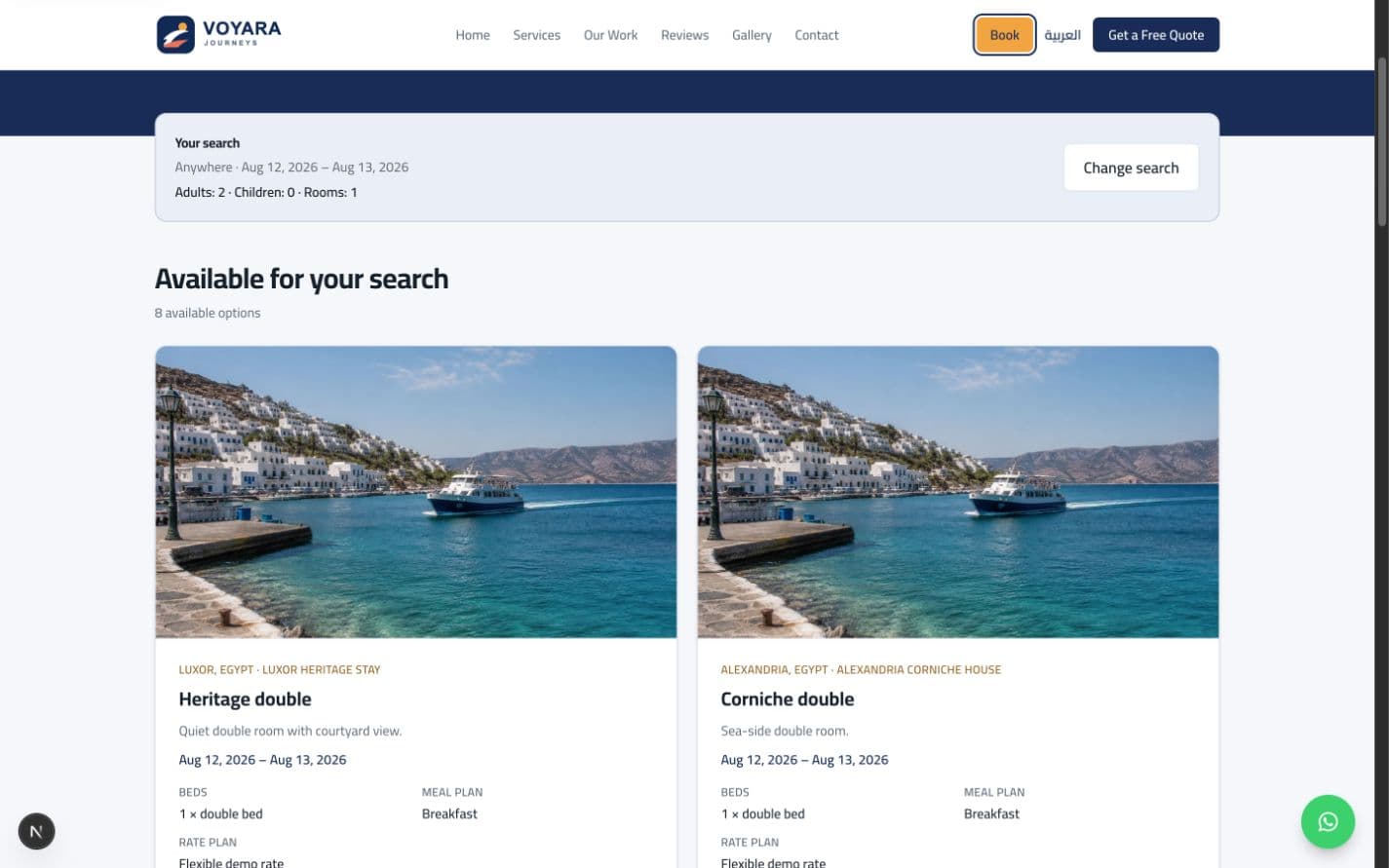 Voyara demo booking search for the InBrief travel agency system
